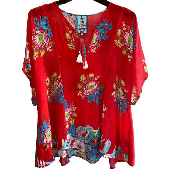 Johnny Was Peonies Georgette Tie-Neck Floral BOHO Top Size Medium - Picture 8 of 9